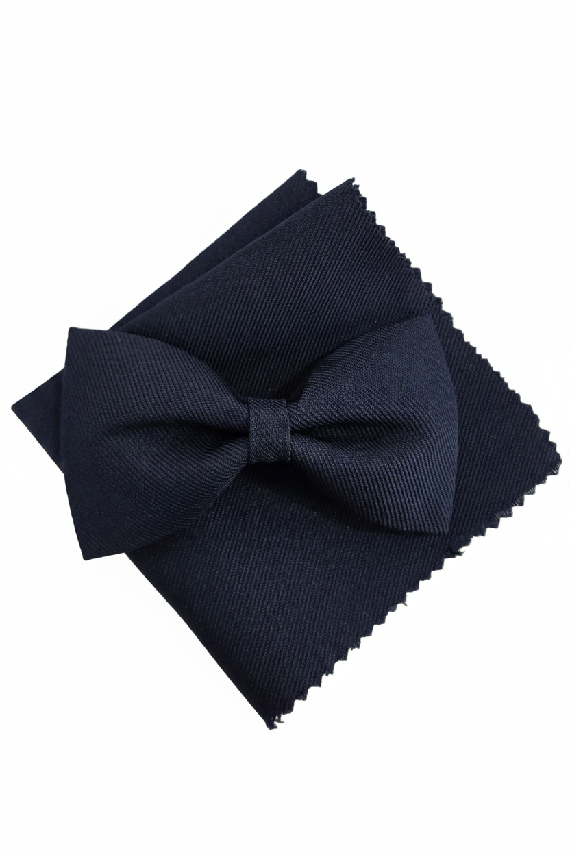 A navy blue pre-tied bow tie displayed on top of a matching folded square pocket square with serrated edges, set against a plain white background.